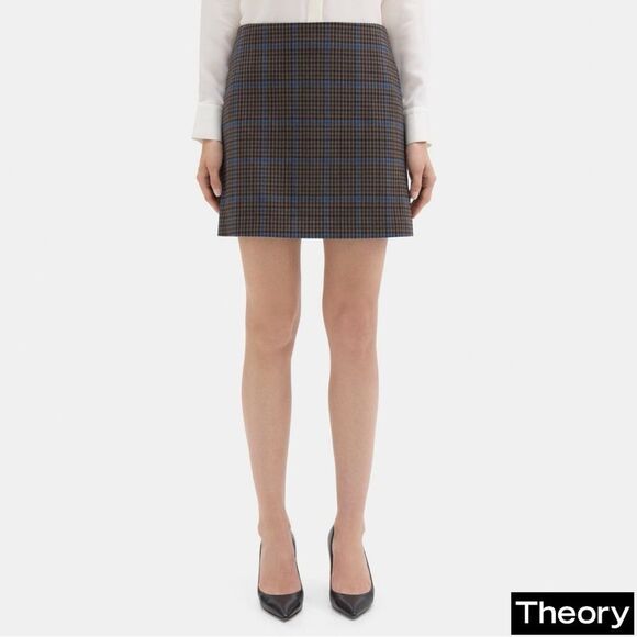 Theory **NWT** Wool Blend Windowpane Mini Skirt in Khaki / Brown / Blue Multi - Picture 1 of 6